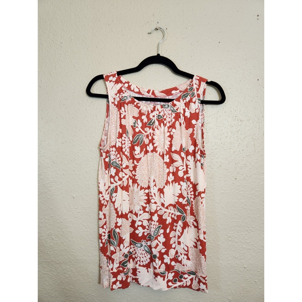LOFT Womens Small Rust Orange Floral Sleeveless Gathered Scoop Neck Rayon Blouse